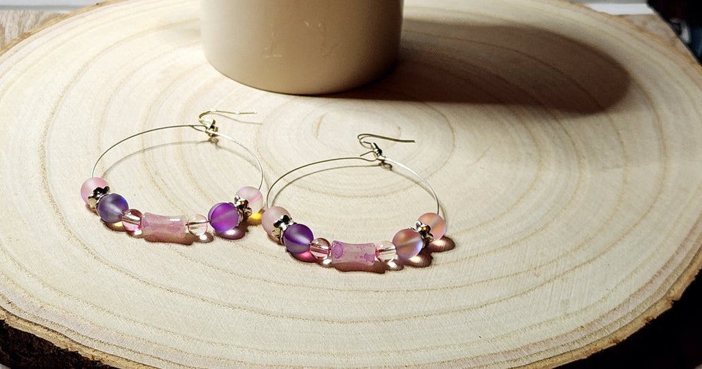 Stunning Memory Wire Hoop earrings with Mermaid glass or Hematite beads, silver accents