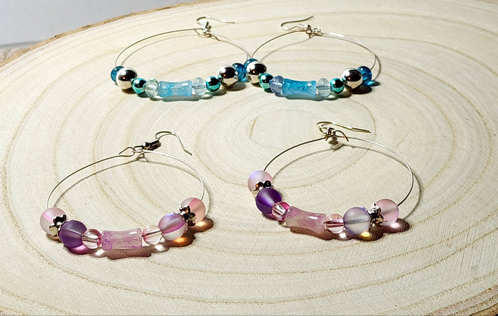 Stunning Memory Wire Hoop earrings with Mermaid glass or Hematite beads, silver accents
