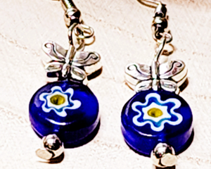 Colorful Floral Lampwork Glass Earrings - Flat Rondelle Beads
