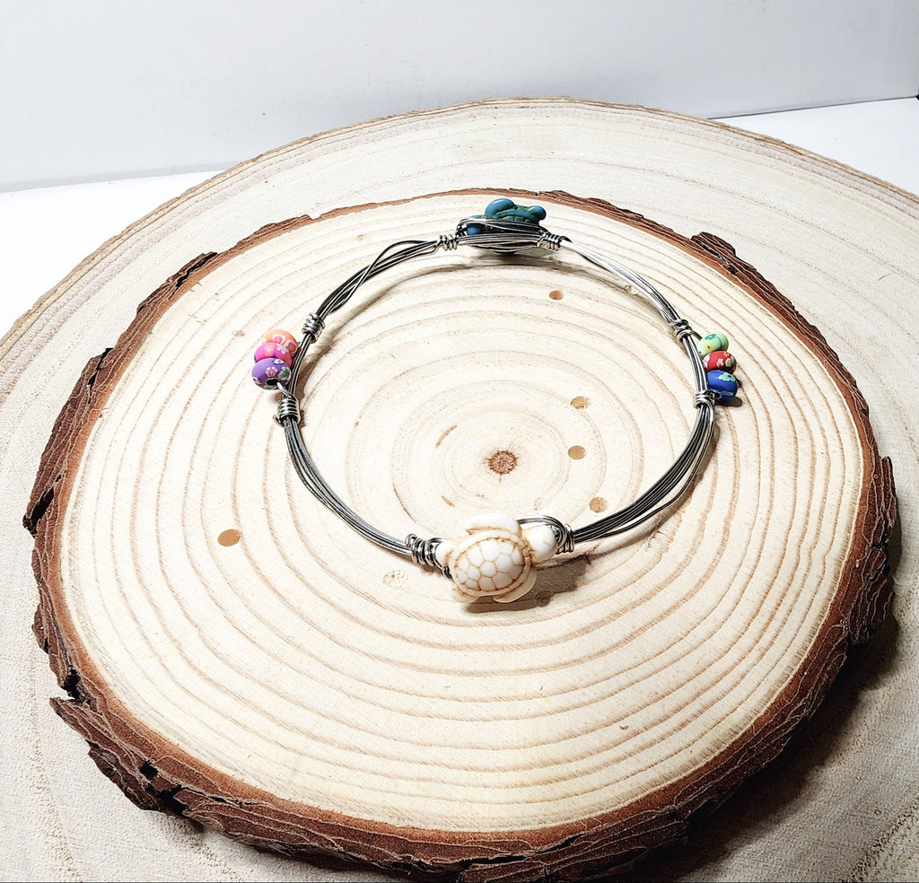 Copper Wire Bangle with Turquoise Turtles & Glass Beads, Boho Beach Vibe