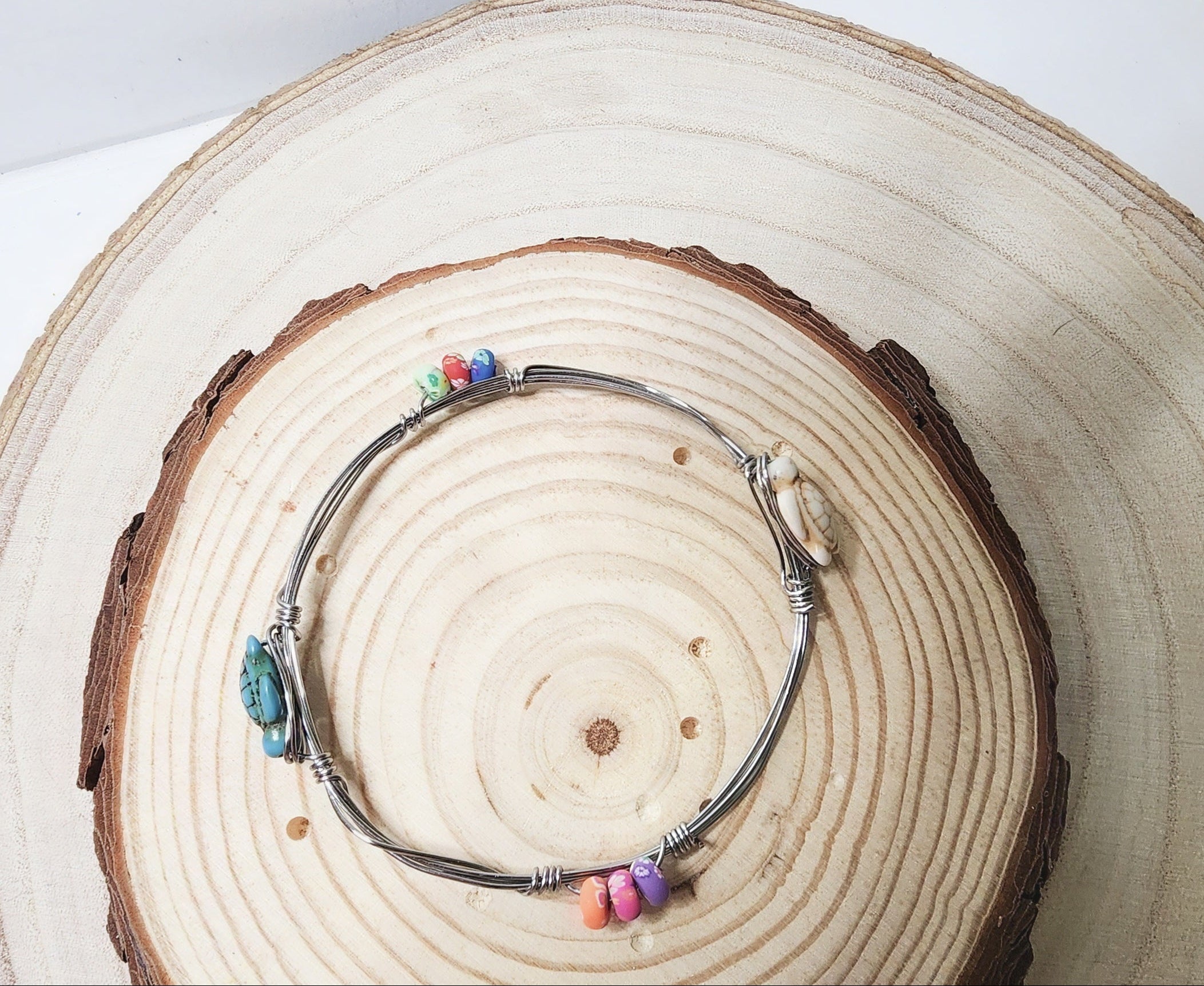 Copper Wire Bangle with Turquoise Turtles & Glass Beads, Boho Beach Vibe
