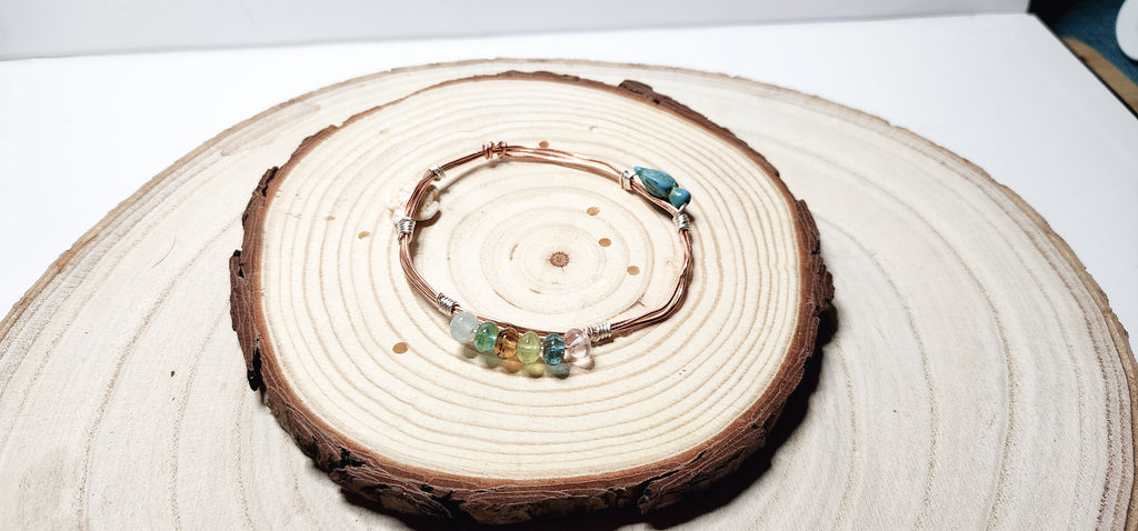 Copper Wire Bangle with Turquoise Turtles & Glass Beads, Boho Beach Vibe