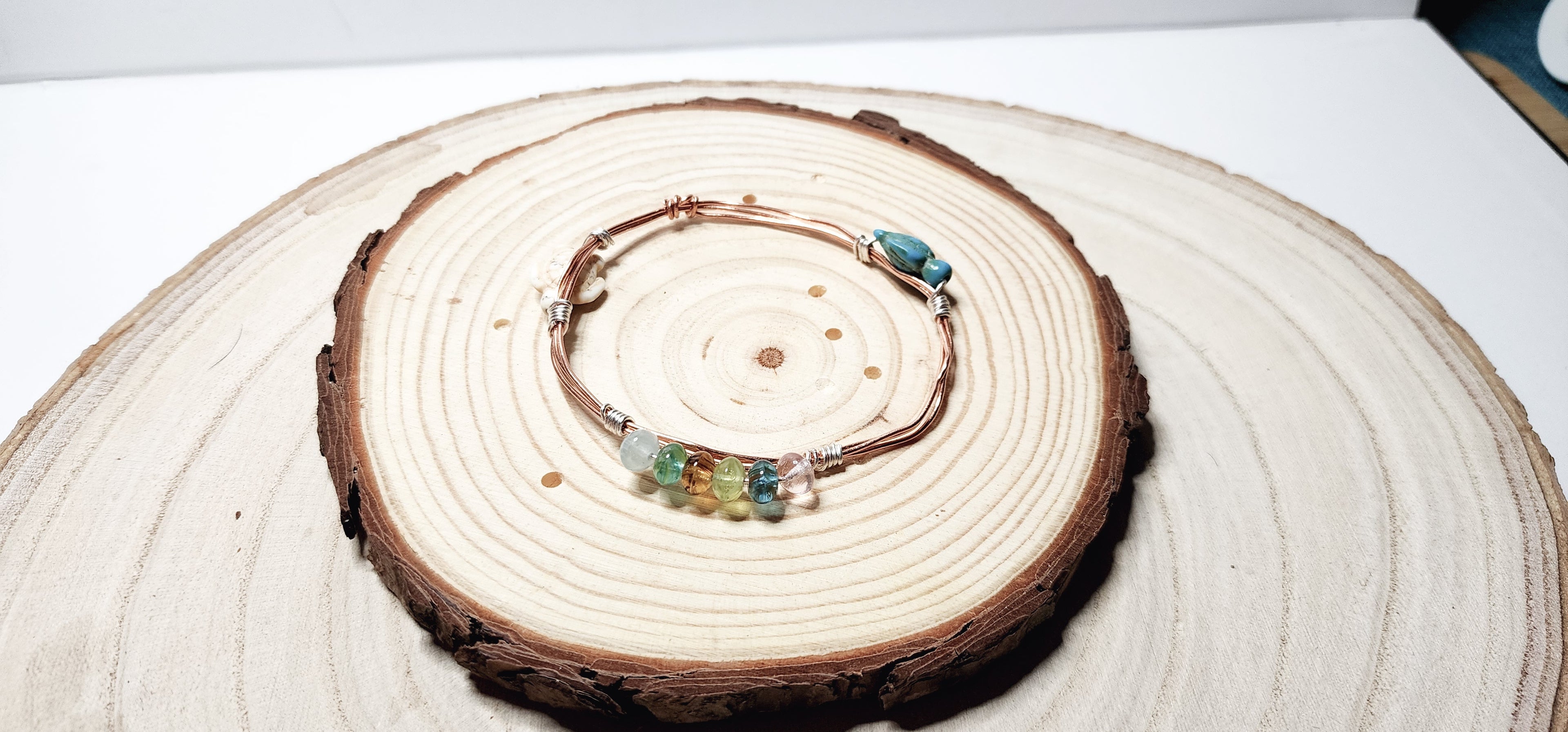 Copper Wire Bangle with Turquoise Turtles & Glass Beads, Boho Beach Vibe