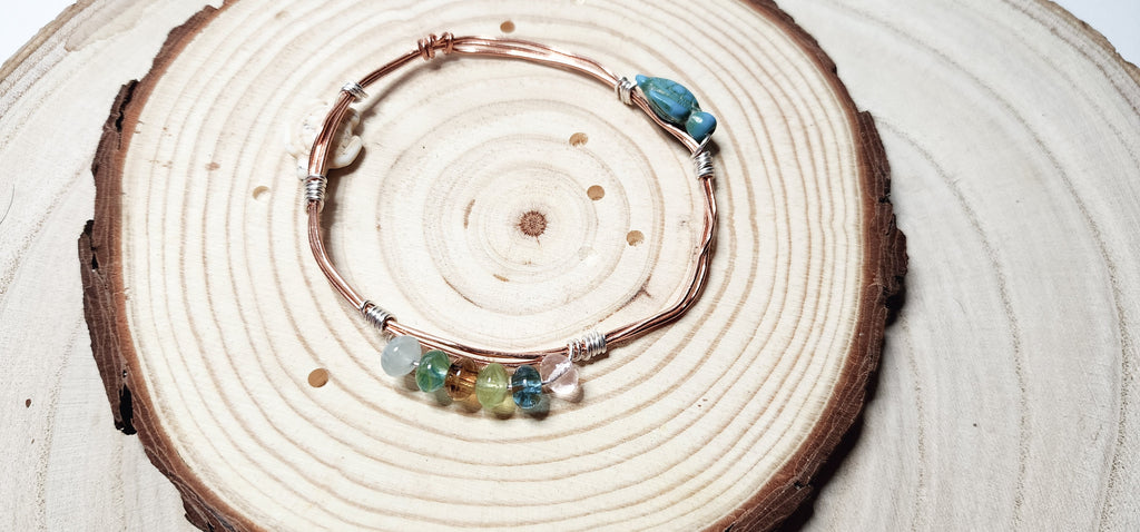 Copper Wire Bangle with Turquoise Turtles & Glass Beads, Boho Beach Vibe
