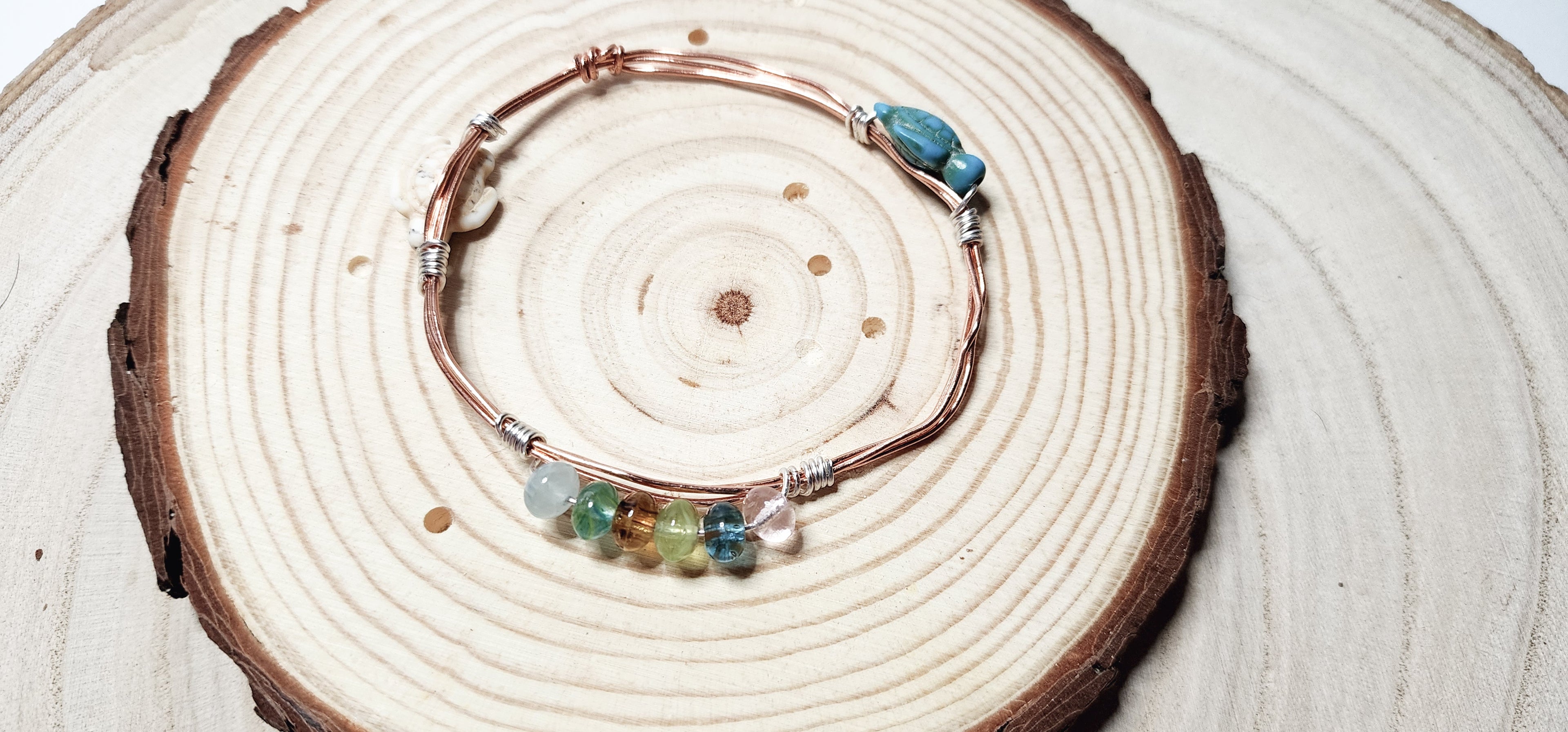 Copper Wire Bangle with Turquoise Turtles & Glass Beads, Boho Beach Vibe