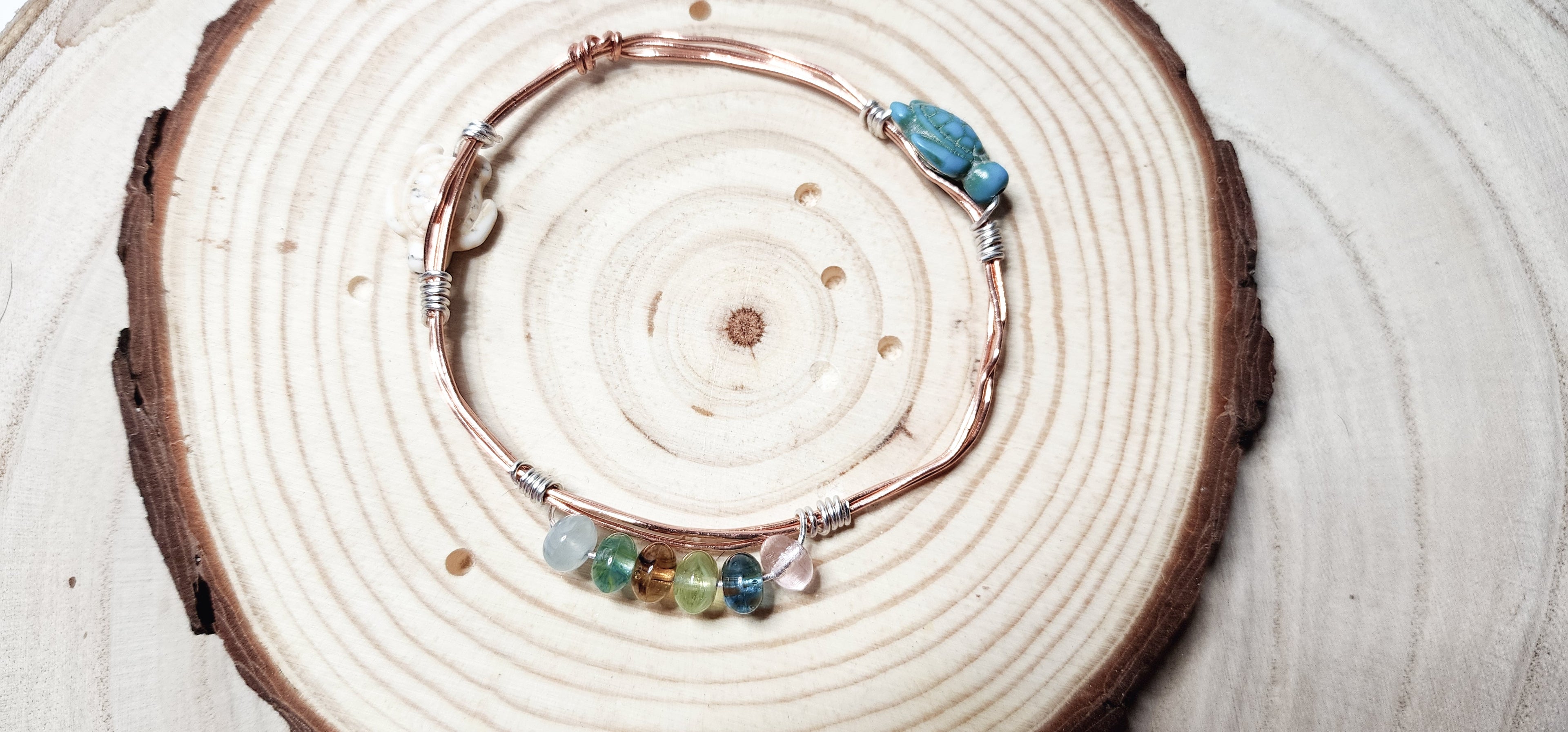 Copper Wire Bangle with Turquoise Turtles & Glass Beads, Boho Beach Vibe