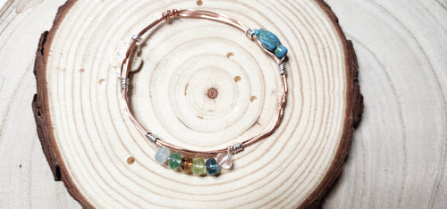 Copper Wire Bangle with Turquoise Turtles & Glass Beads, Boho Beach Vibe