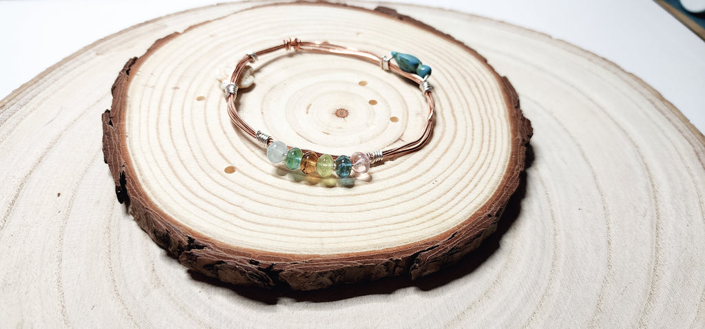 Copper Wire Bangle with Turquoise Turtles & Glass Beads, Boho Beach Vibe