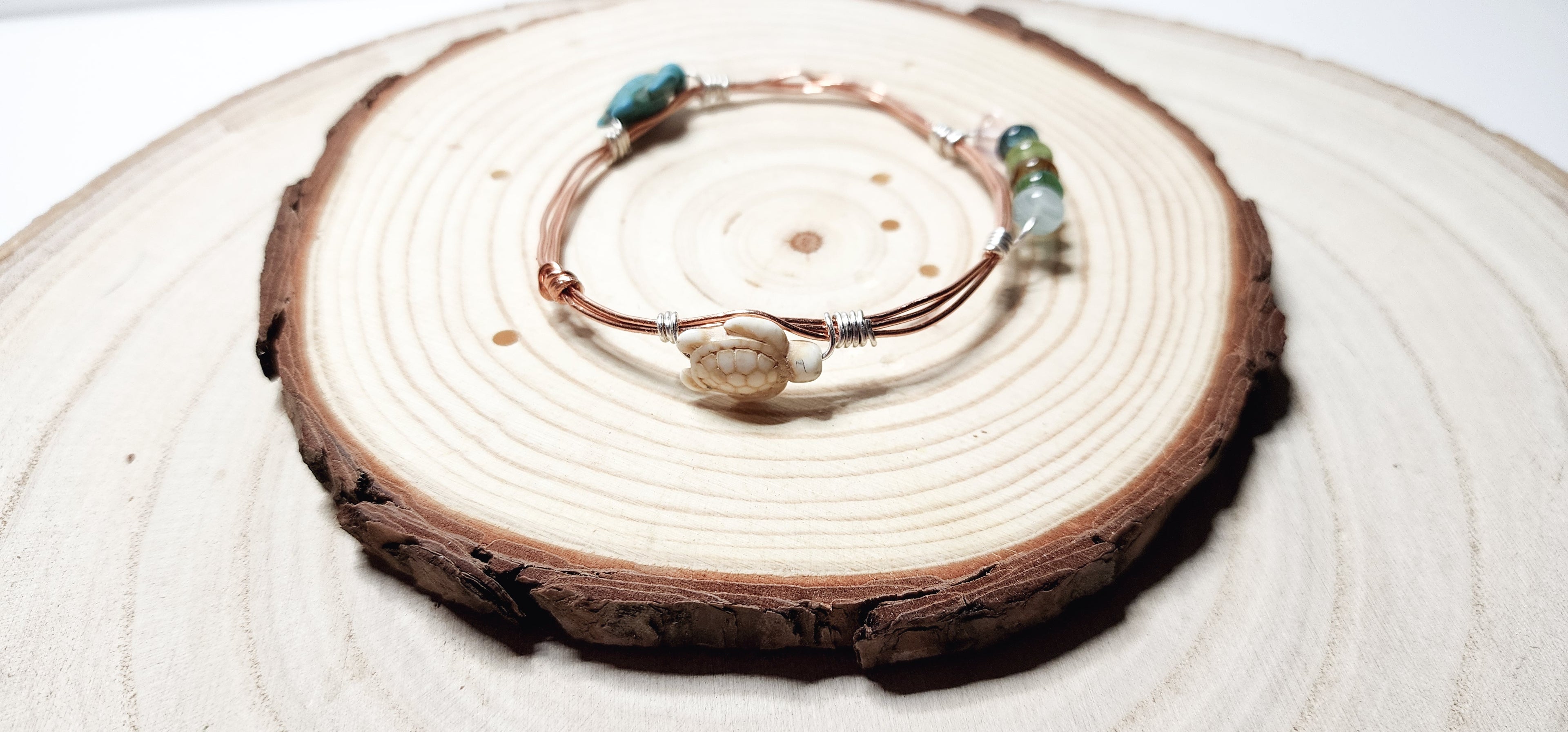 Copper Wire Bangle with Turquoise Turtles & Glass Beads, Boho Beach Vibe