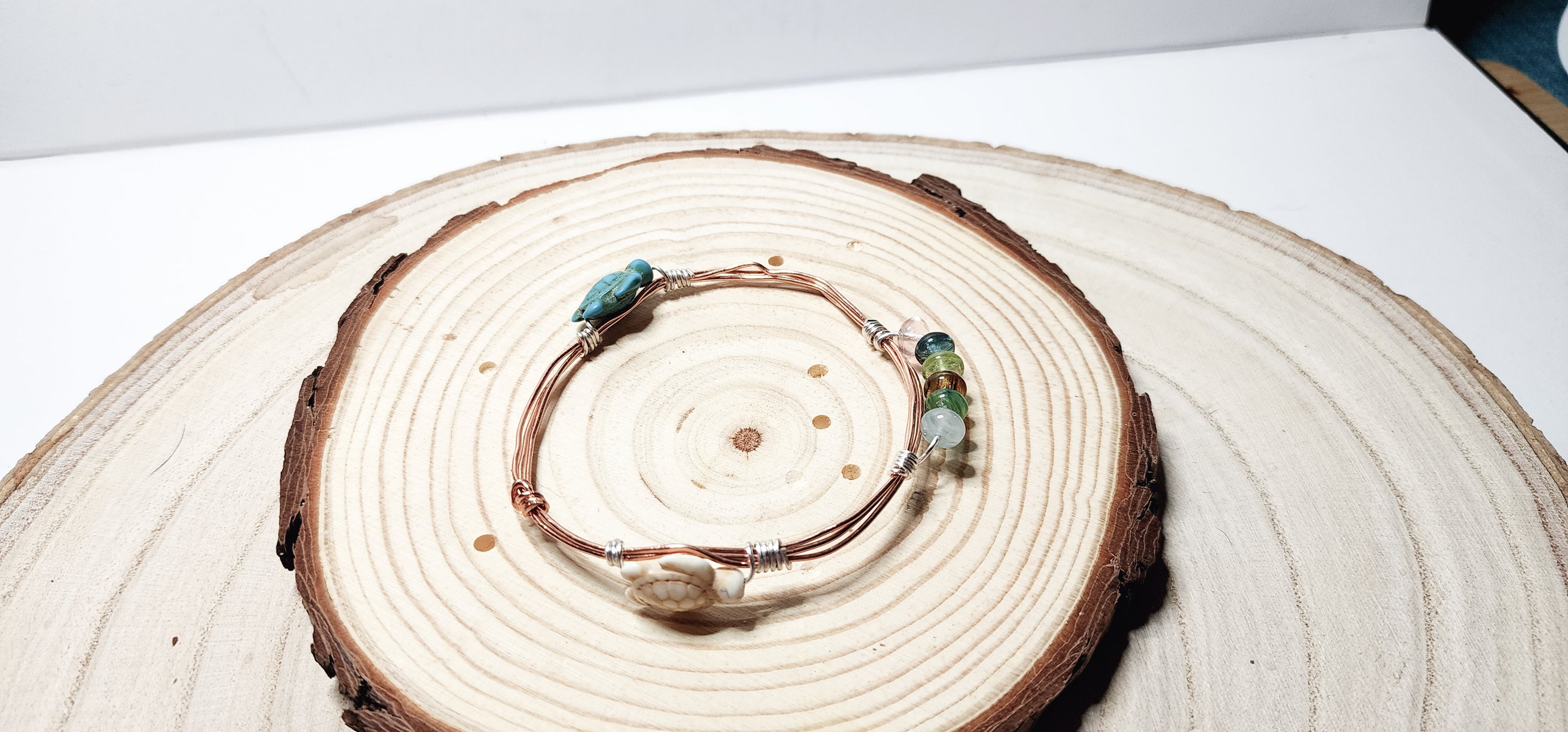 Copper Wire Bangle with Turquoise Turtles & Glass Beads, Boho Beach Vibe