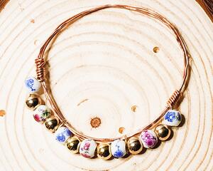 Handcrafted Porcelain Stackable Wire  Bangle with Spring Flowers and Gold Accents