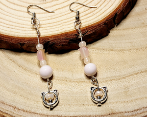 Dainty Cat Head Bead Earrings Featuring Silver colored Bead Frames
