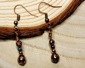Handmade Copper Lava Stone and Turquoise-Gold Glass Dangle Earrings