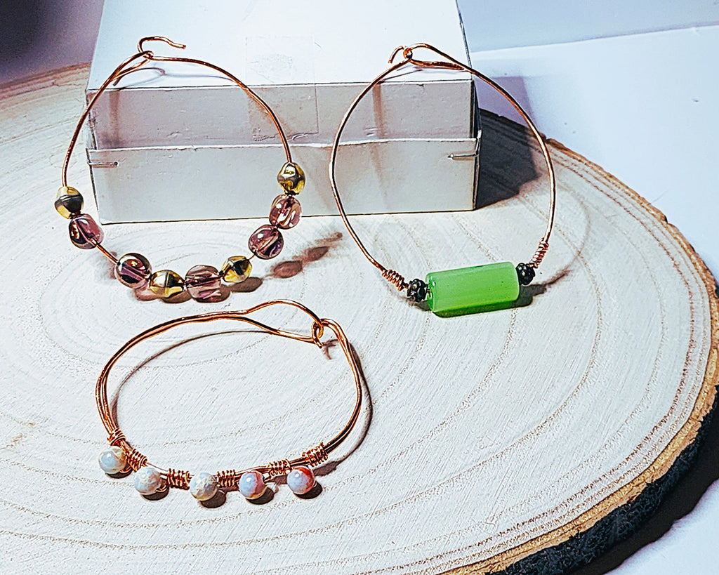 Handcrafted glass and stone copper bangles