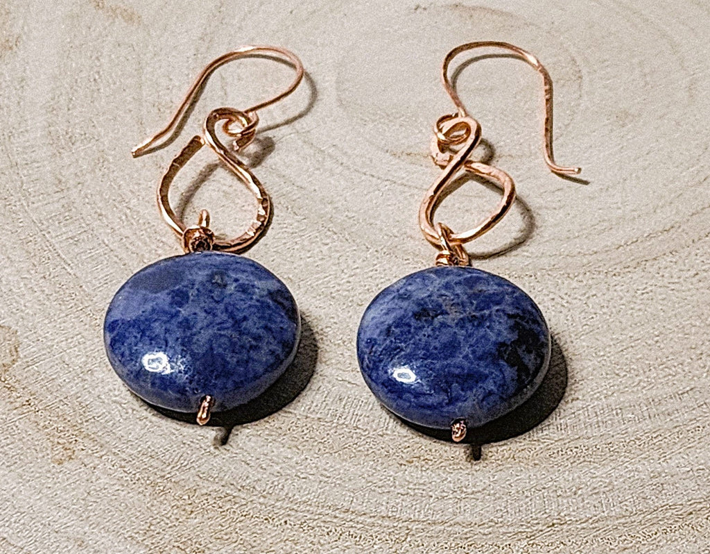 Artisan Copper Earrings with Sodalite Coin Beads – Boho Dangles