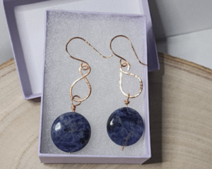 Figure Eight Copper Drop Earrings with Sodalite Coin Beads  Handmade Artisan Design