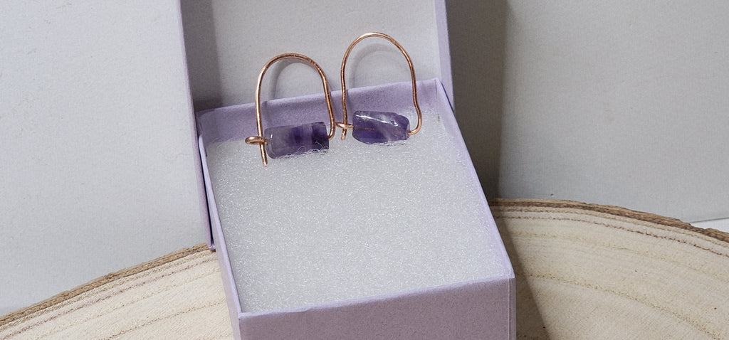 Minimalist U-Shaped Copper Earrings with Tube Stone Beads – Handcrafted One-Piece Design