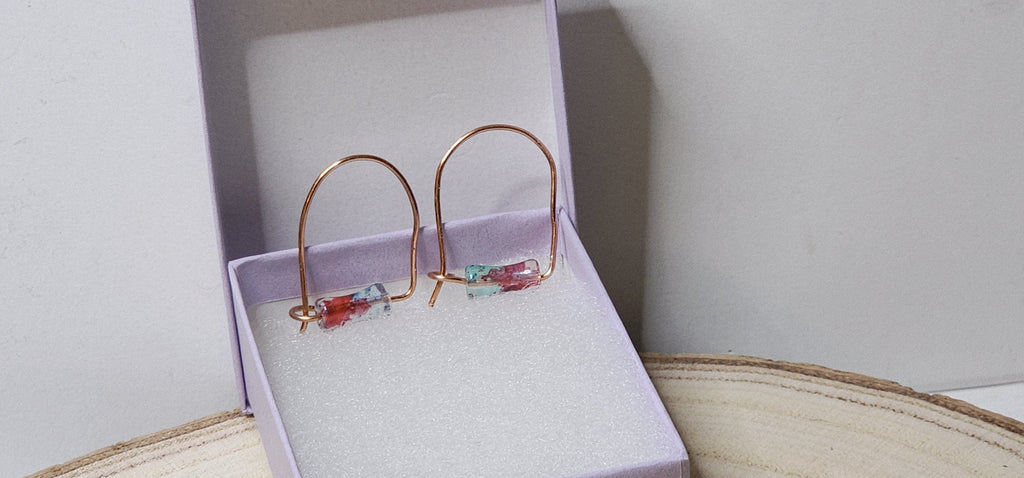 Minimalist U-Shaped Copper Earrings with Tube Stone Beads – Handcrafted One-Piece Design
