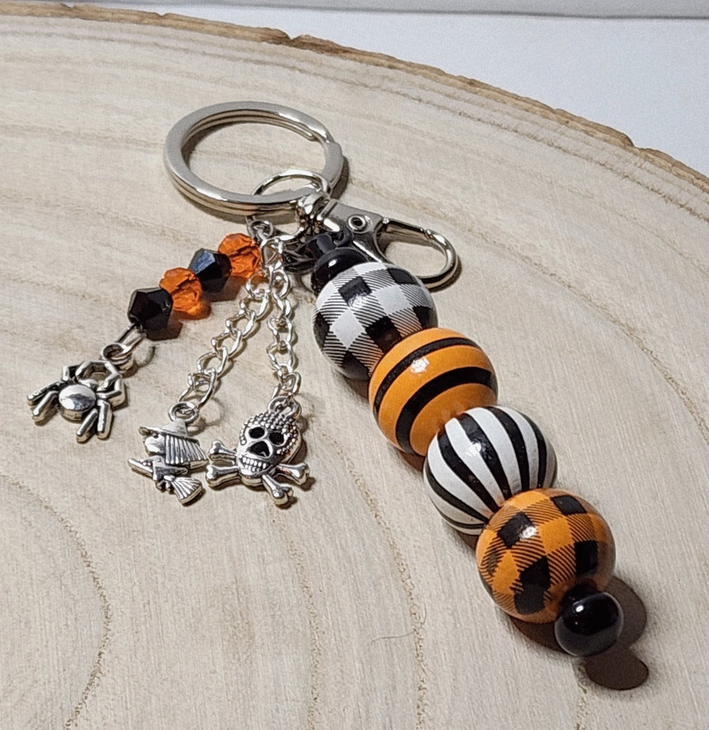 Halloween Wooden Beaded Keychain – Spooky Charm Keyring, Backpack Dangle or Purse Accessory