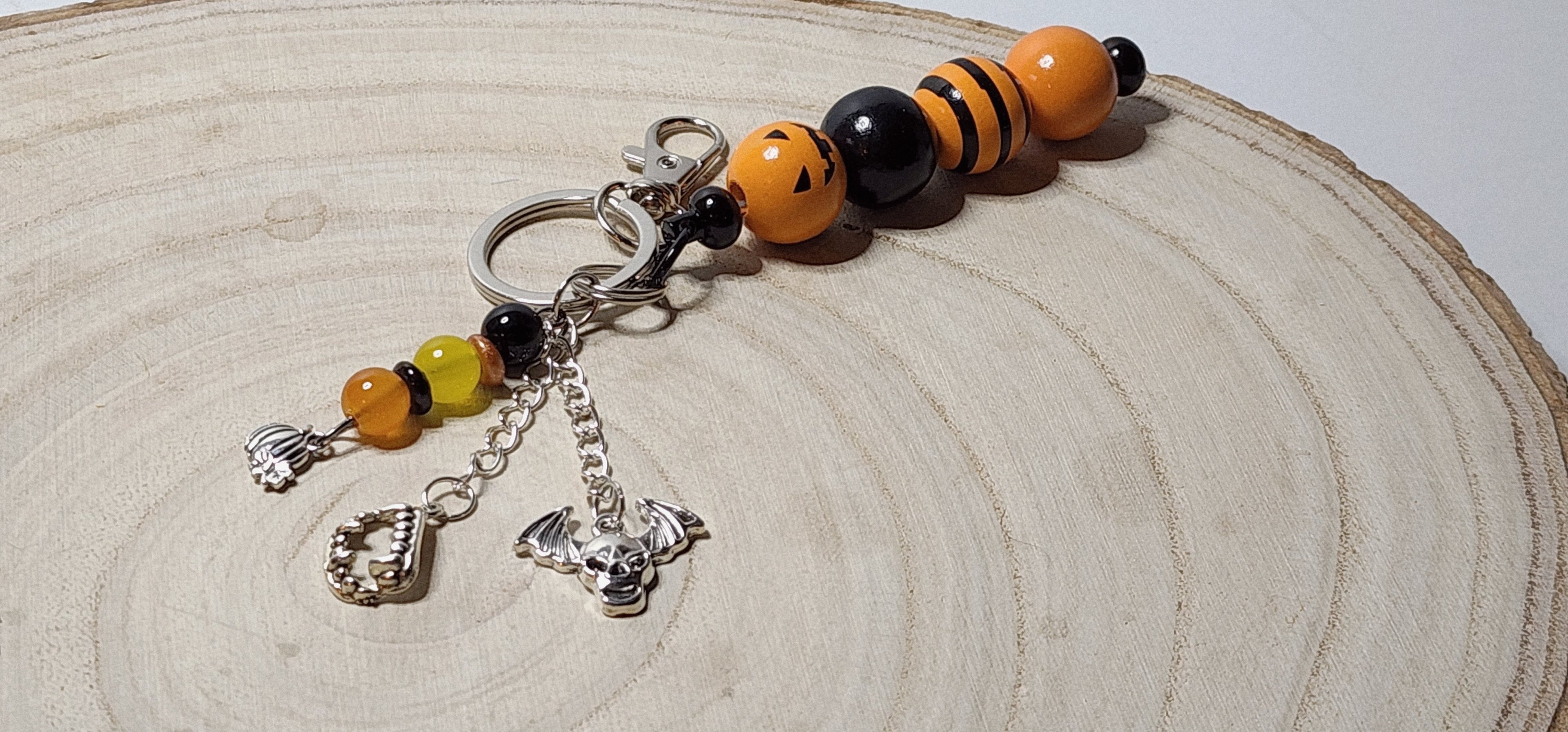 Halloween Wooden Beaded Keychain – Spooky Charm Keyring, Backpack Dangle or Purse Accessory