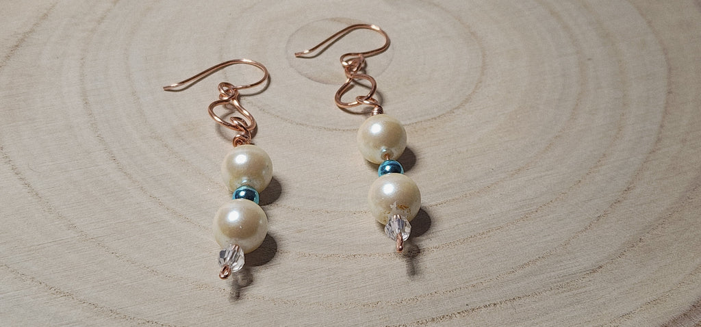 Handmade Faux Pearl Drop Earrings with Clear Crystal Bicone and Blue Hematite Beads