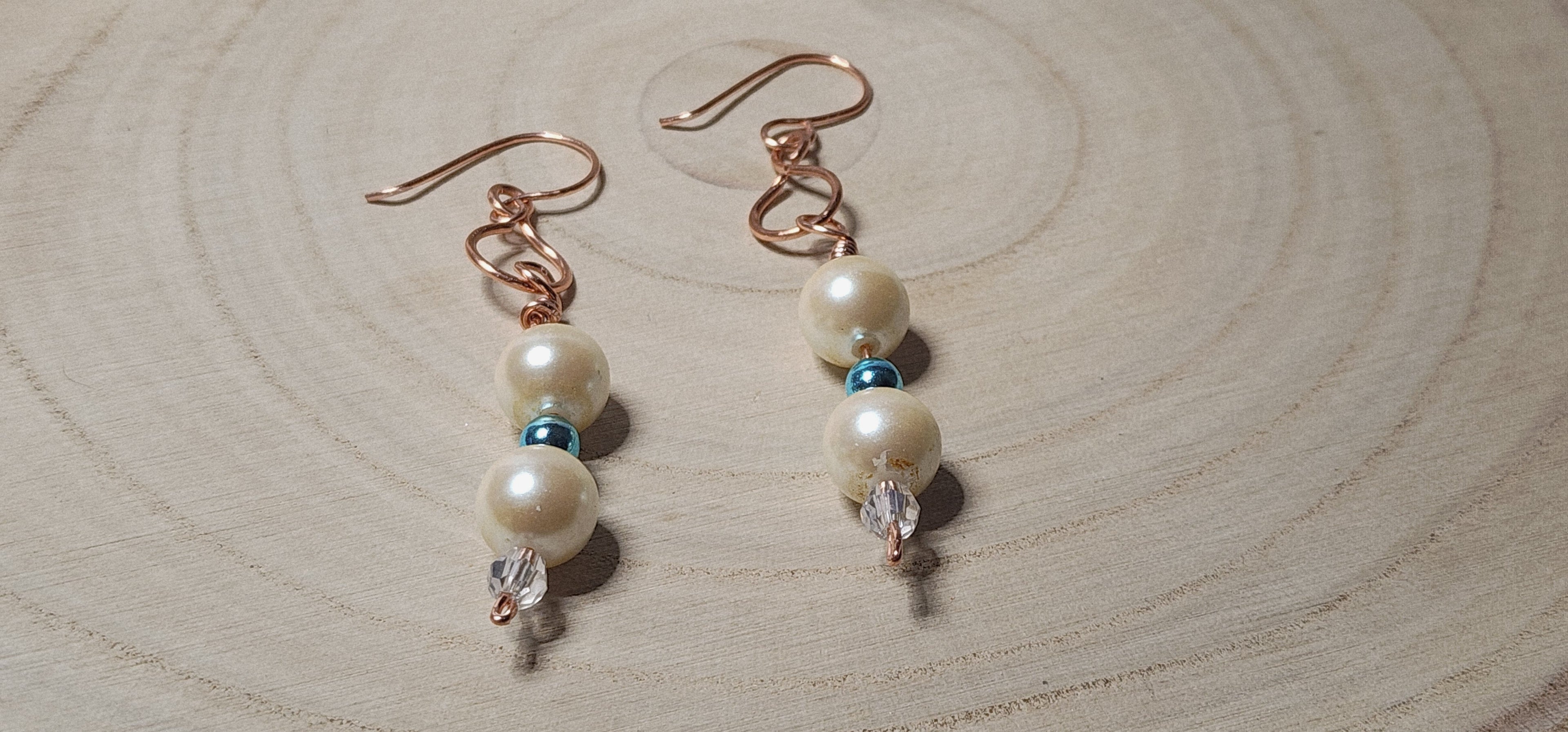 Handmade Faux Pearl Drop Earrings with Clear Crystal Bicone and Blue Hematite Beads