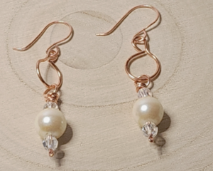 Handmade Faux Pearl Drop Earrings with Clear Crystal Bicone and Blue Hematite Beads