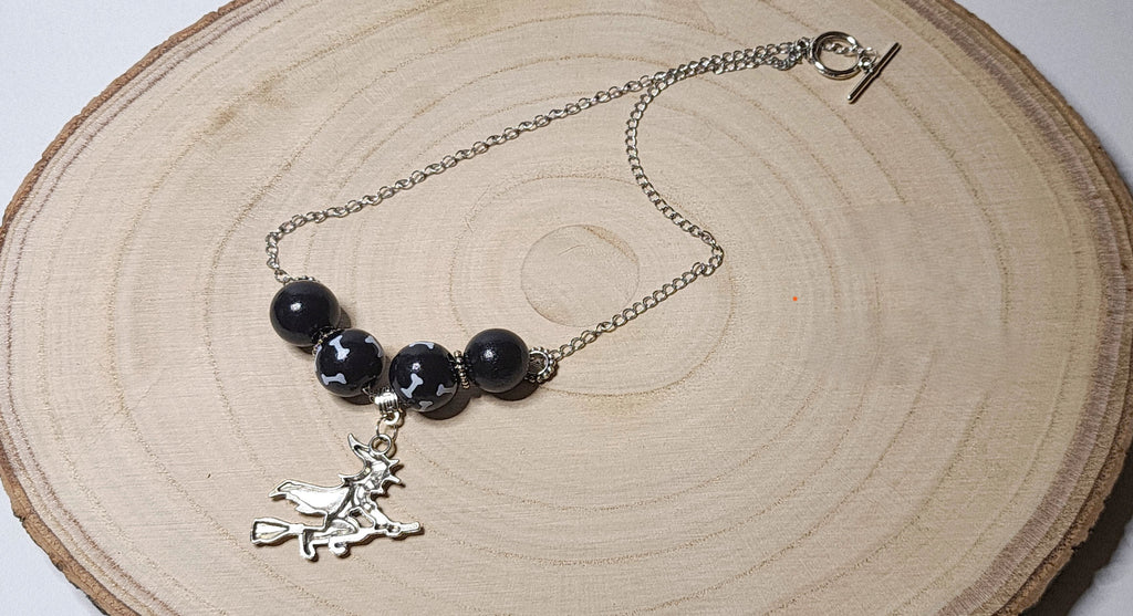 Fun Spooky Wooden Bead Necklace with Halloween Charms – Handcrafted