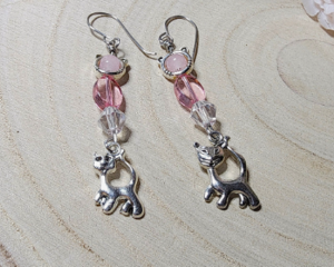 Handmade Cat Earrings with Pink Beads and Silver Kitty Charms – Cute Gift for Cat Lovers