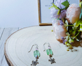 Handcrafted Green Glass & Pink Bead Earrings with Silver Turtle Charms