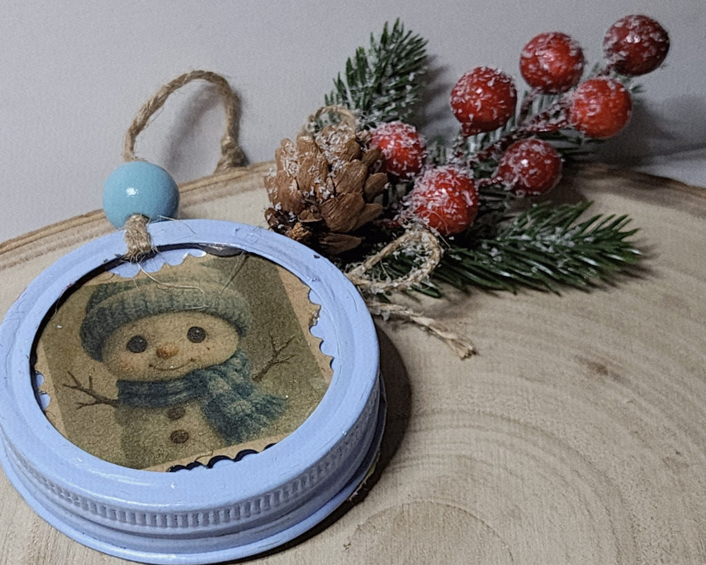 Rustic Handmade Snowman Christmas Ornaments – Upcycled Jar Lid Holiday Décor