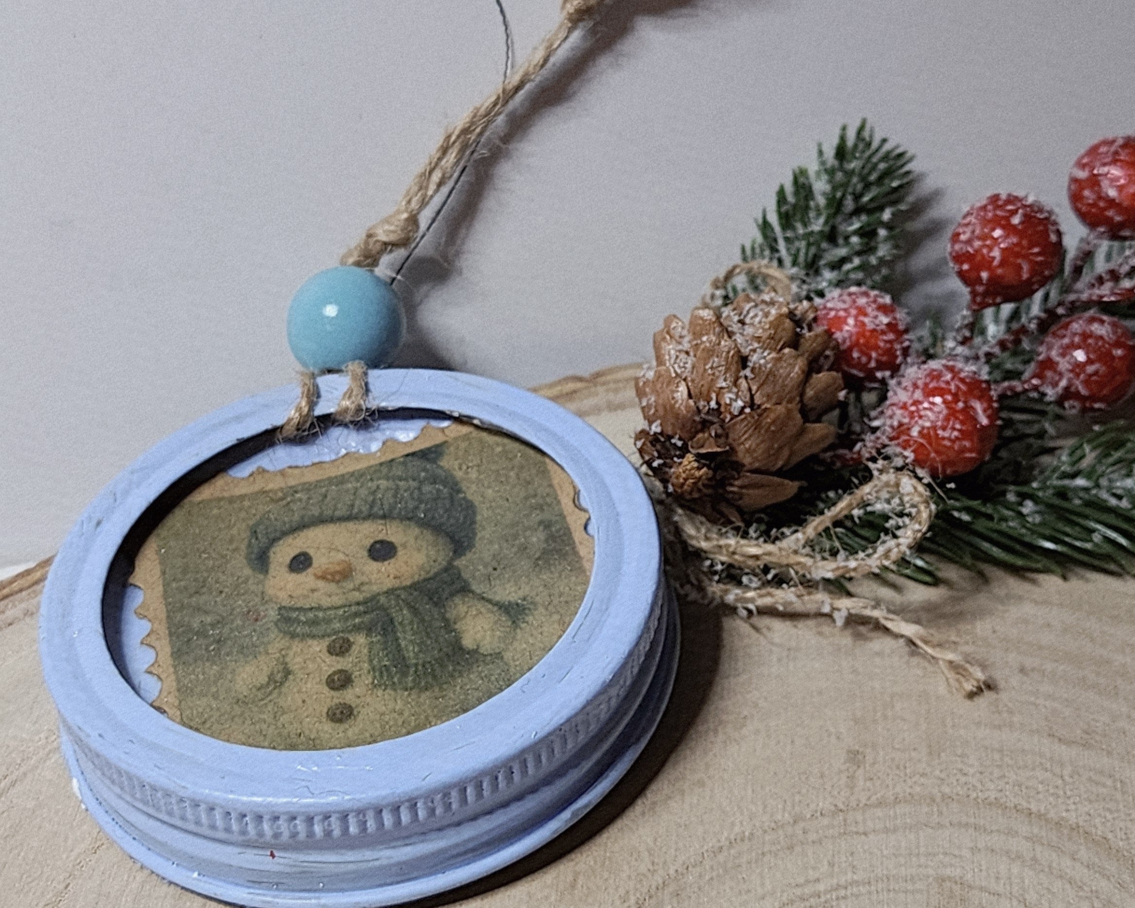 Rustic Handmade Snowman Christmas Ornaments – Upcycled Jar Lid Holiday Décor