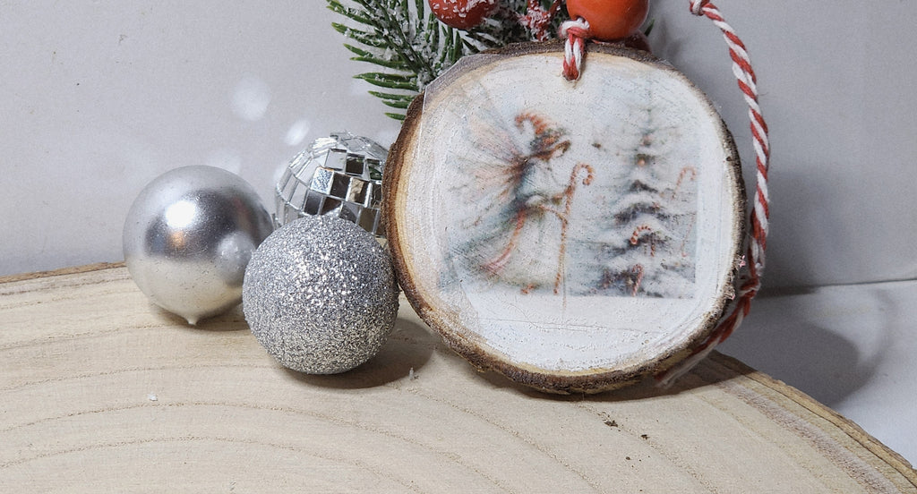 Vintage Christmas Candy Cane Fairy  Wood Slice Ornaments – Handcrafted Rustic Holiday Keepsakes
