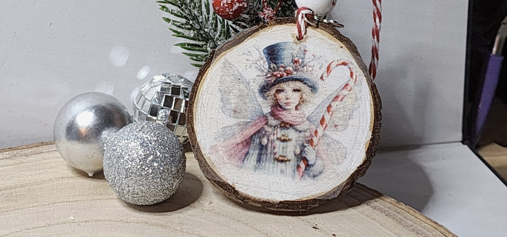 Vintage Christmas Candy Cane Fairy  Wood Slice Ornaments – Handcrafted Rustic Holiday Keepsakes