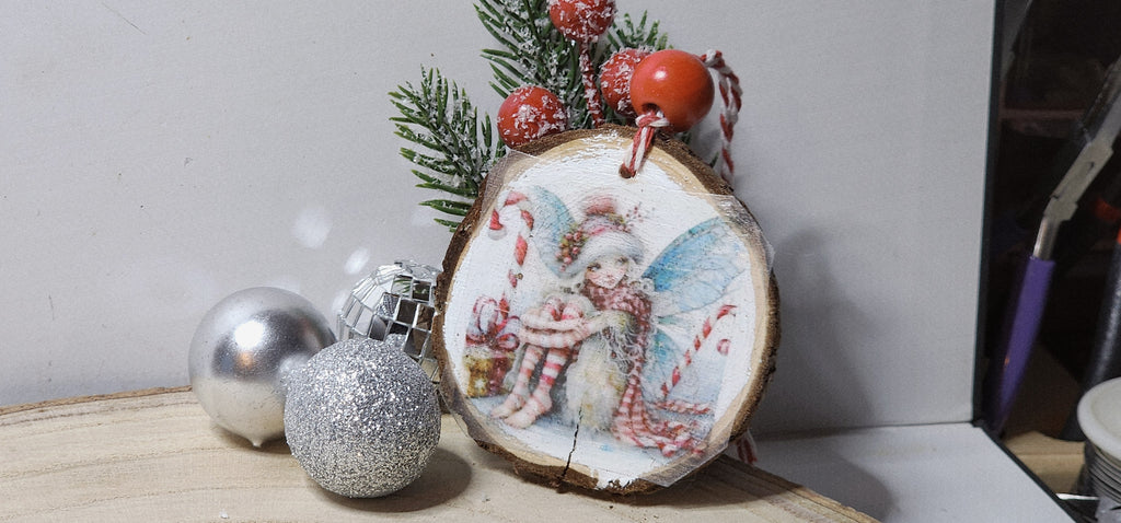 Vintage Christmas Candy Cane Fairy  Wood Slice Ornaments – Handcrafted Rustic Holiday Keepsakes