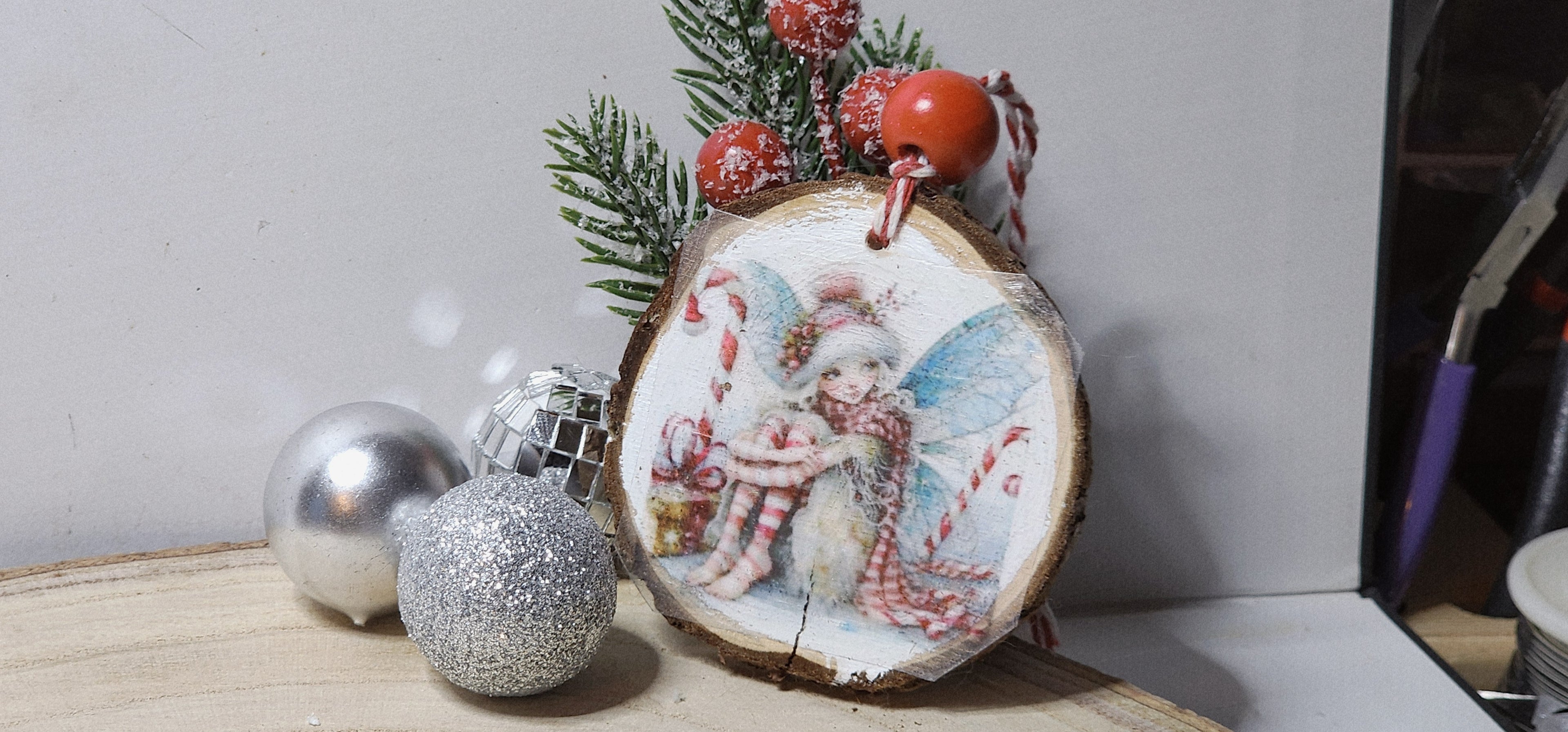 Vintage Christmas Candy Cane Fairy  Wood Slice Ornaments – Handcrafted Rustic Holiday Keepsakes