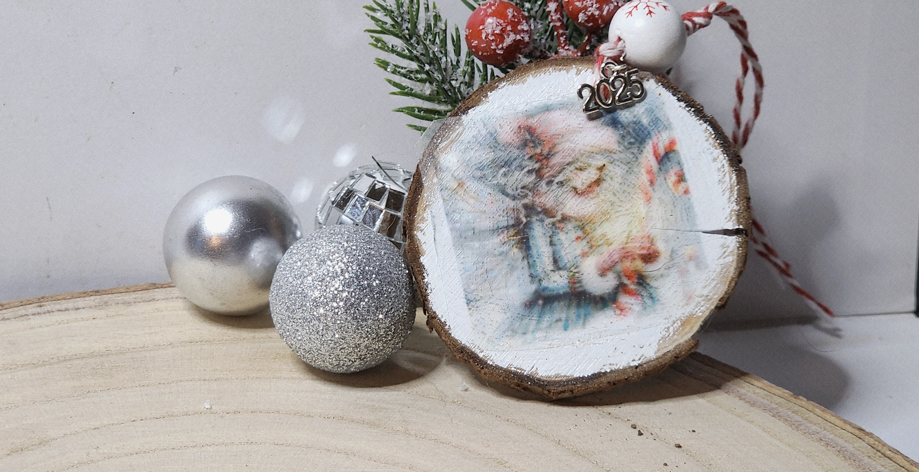 Vintage Christmas Candy Cane Fairy  Wood Slice Ornaments – Handcrafted Rustic Holiday Keepsakes