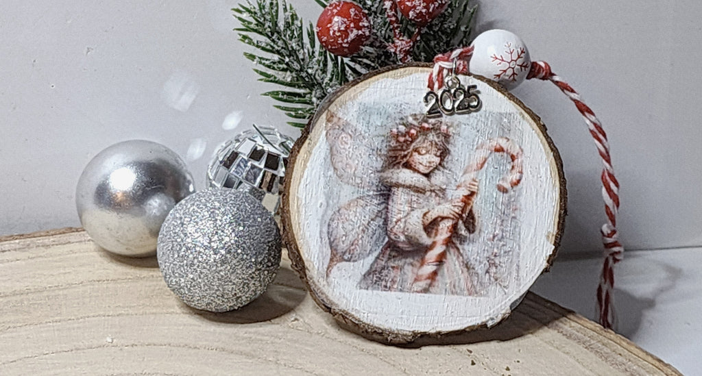 Vintage Christmas Candy Cane Fairy  Wood Slice Ornaments – Handcrafted Rustic Holiday Keepsakes
