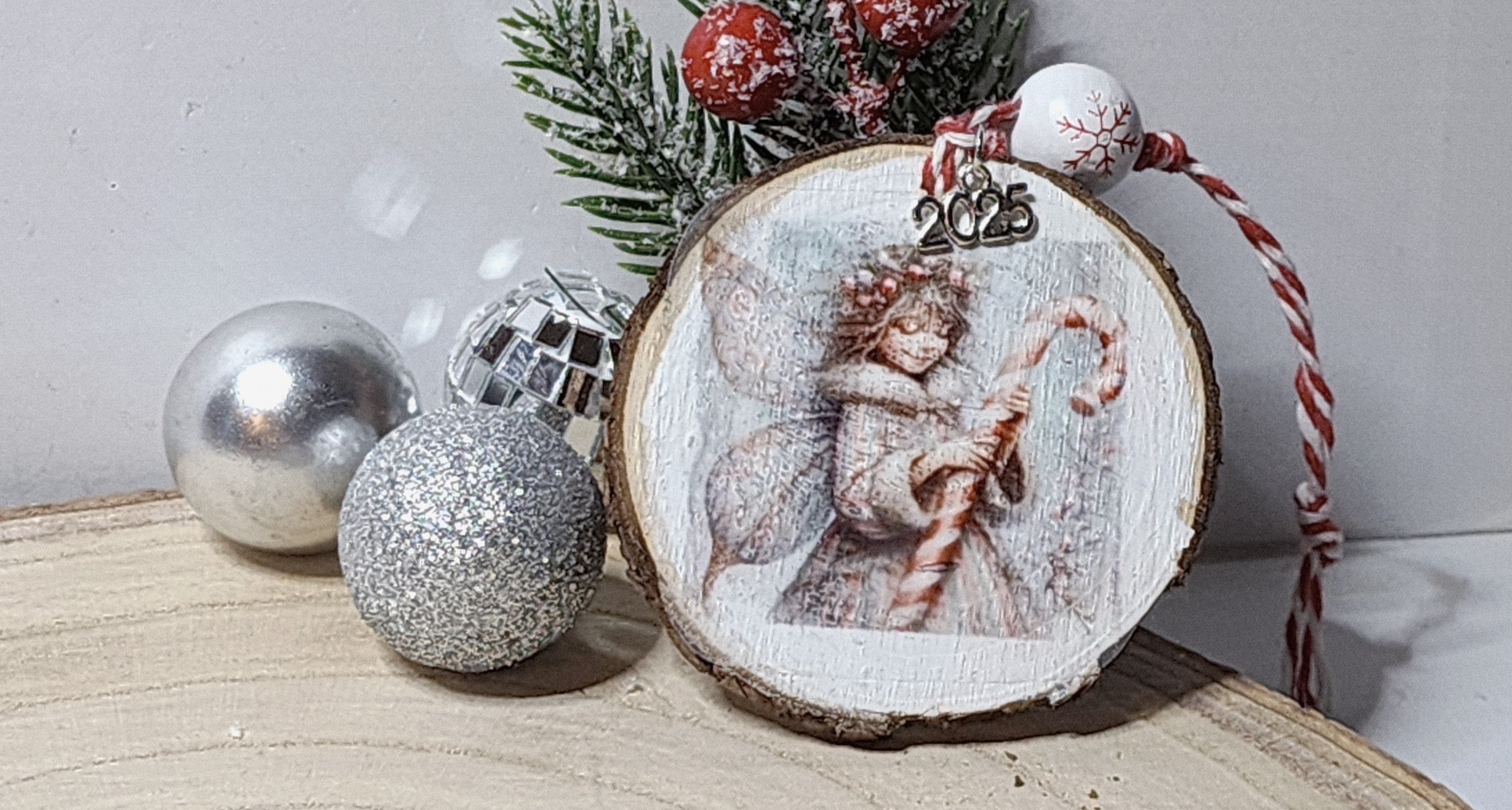 Vintage Christmas Candy Cane Fairy  Wood Slice Ornaments – Handcrafted Rustic Holiday Keepsakes
