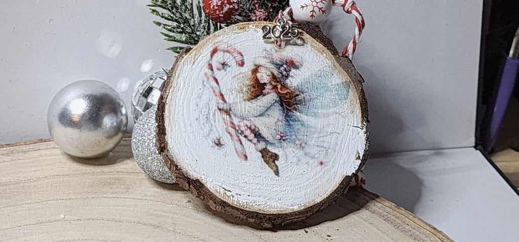 Vintage Christmas Candy Cane Fairy  Wood Slice Ornaments – Handcrafted Rustic Holiday Keepsakes