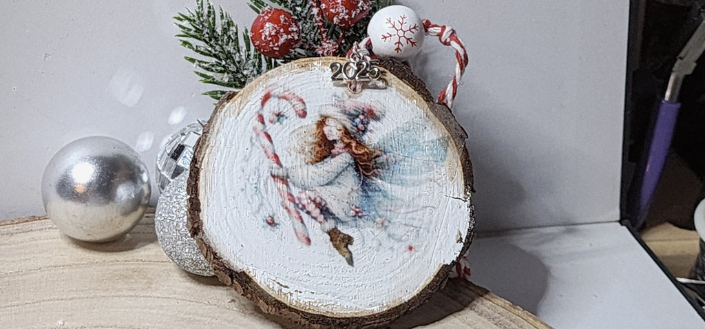 Vintage Christmas Candy Cane Fairy  Wood Slice Ornaments – Handcrafted Rustic Holiday Keepsakes