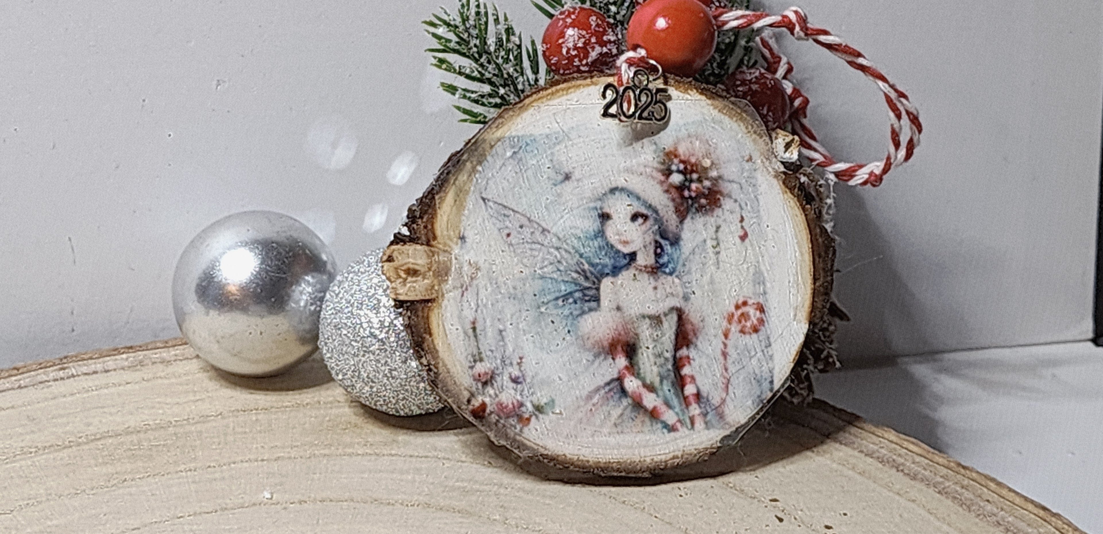 Vintage Christmas Candy Cane Fairy  Wood Slice Ornaments – Handcrafted Rustic Holiday Keepsakes