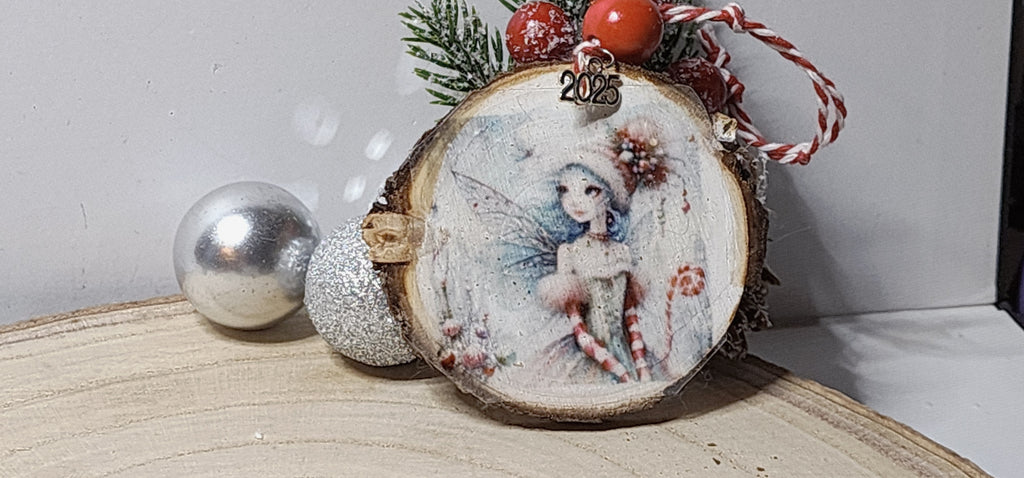 Vintage Christmas Candy Cane Fairy  Wood Slice Ornaments – Handcrafted Rustic Holiday Keepsakes