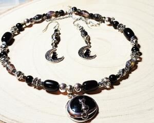 Celestial Cat and Crescent Moon Necklace and Earring Set