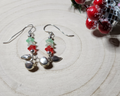 Handmade Holiday Glass Earrings – Red & Green  Bellflower Beads with Silver Bell Charms – Christmas Gift Jewelry – Festive Dangle Earrings