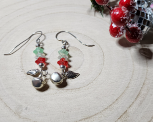 Handmade Holiday Glass Earrings – Red & Green  Bellflower Beads with Silver Bell Charms – Christmas Gift Jewelry – Festive Dangle Earrings