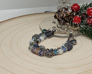 Handcrafted Double Strand Beaded Bracelet – Artisan Toggle Clasp | Unique Gift | Blue, Purple, Metallic Tones