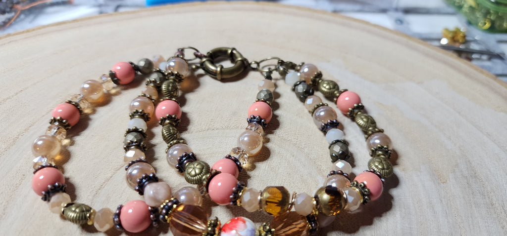 Vintage-Inspired Peach & Bronze Beaded Bracelet | Multi-Strand Boho Bracelet | Glass & Crystal Bead Bracelet | Handmade Jewelry Gift for Her
