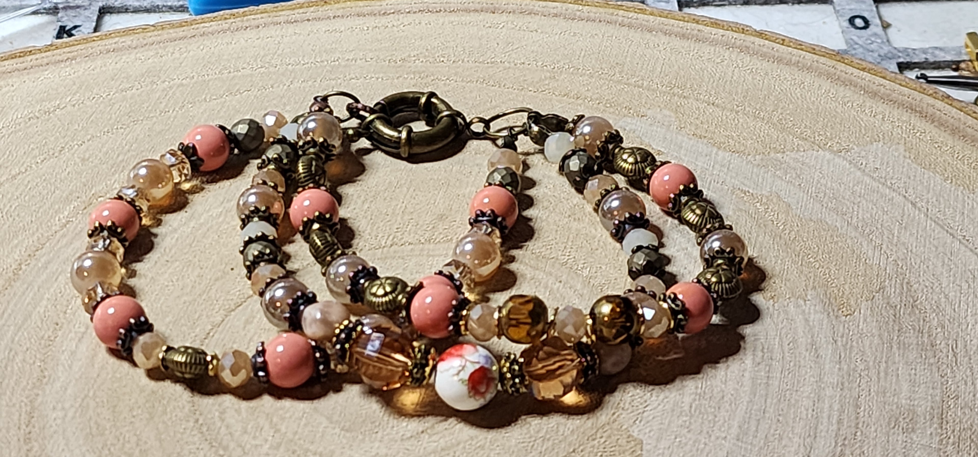 Vintage-Inspired Peach & Bronze Beaded Bracelet | Multi-Strand Boho Bracelet | Glass & Crystal Bead Bracelet | Handmade Jewelry Gift for Her
