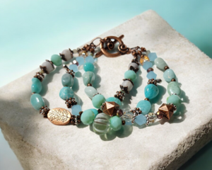Turquoise and Copper Leaf Charm Bracelet  Handmade Boho Jewelry with Natural Stone Beads